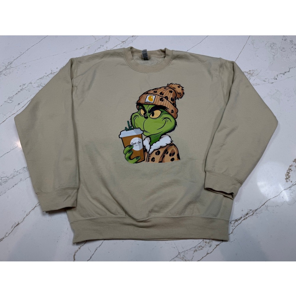 Gildan Grinch Spot‎ On Coffee Crewneck Sweatshirt Tan Size M